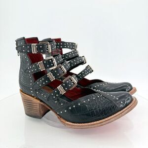 Freebird by Steven Black Croc Leather Studded Felicity Boots Ankle Straps Sz 9
